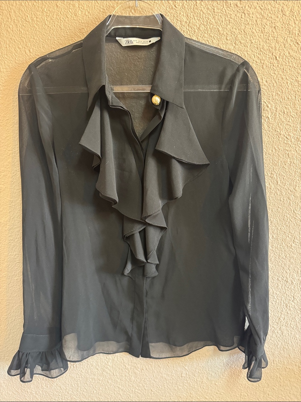Zara Black Sheer Ruffle-Front Blouse with Pearl Accent